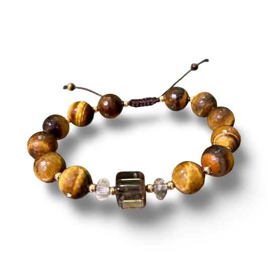 Faceted Tiger’s Eye with Smoky Quartz Bracelet –
12 mm beads | Adjustable size