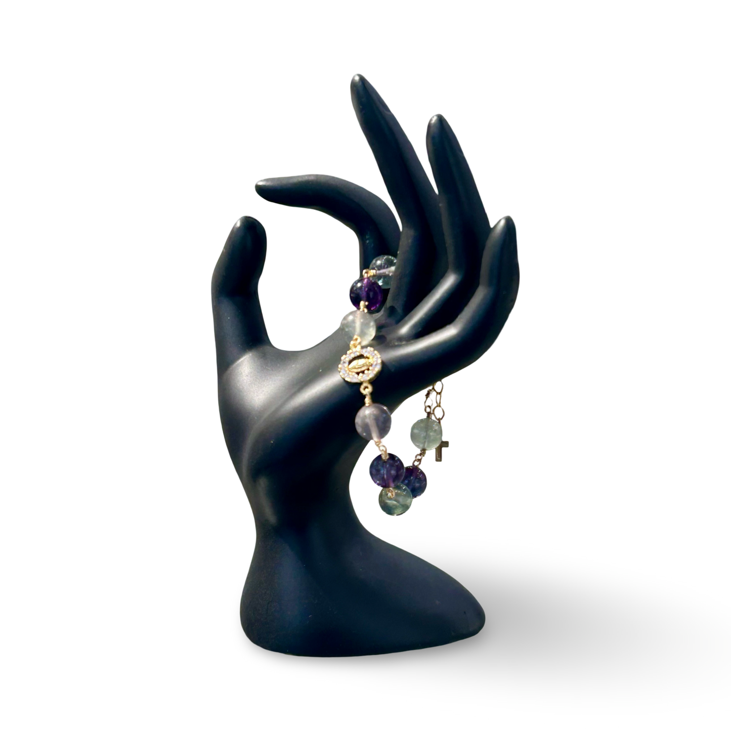 Rainbow Fluorite Bracelet with Cross & Mary Pendant – Gold-Plated Wire Wrap, 10mm Beads