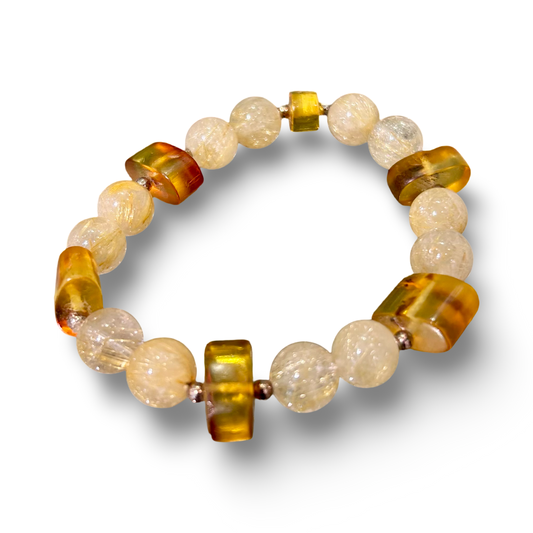 Amber & Golden Rutilated Quartz Elastic Bracelet – 10mm