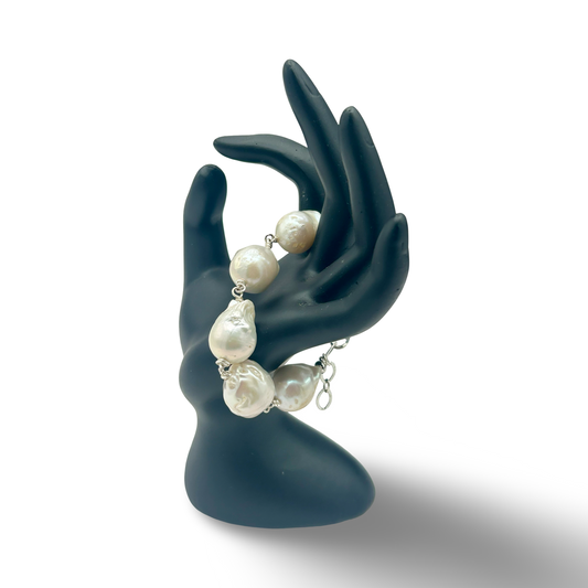 Freshwater Pearl Silver Wire Bracelet | 18–20mm Pearls | Adjustable | Handmade Elegant Jewelry