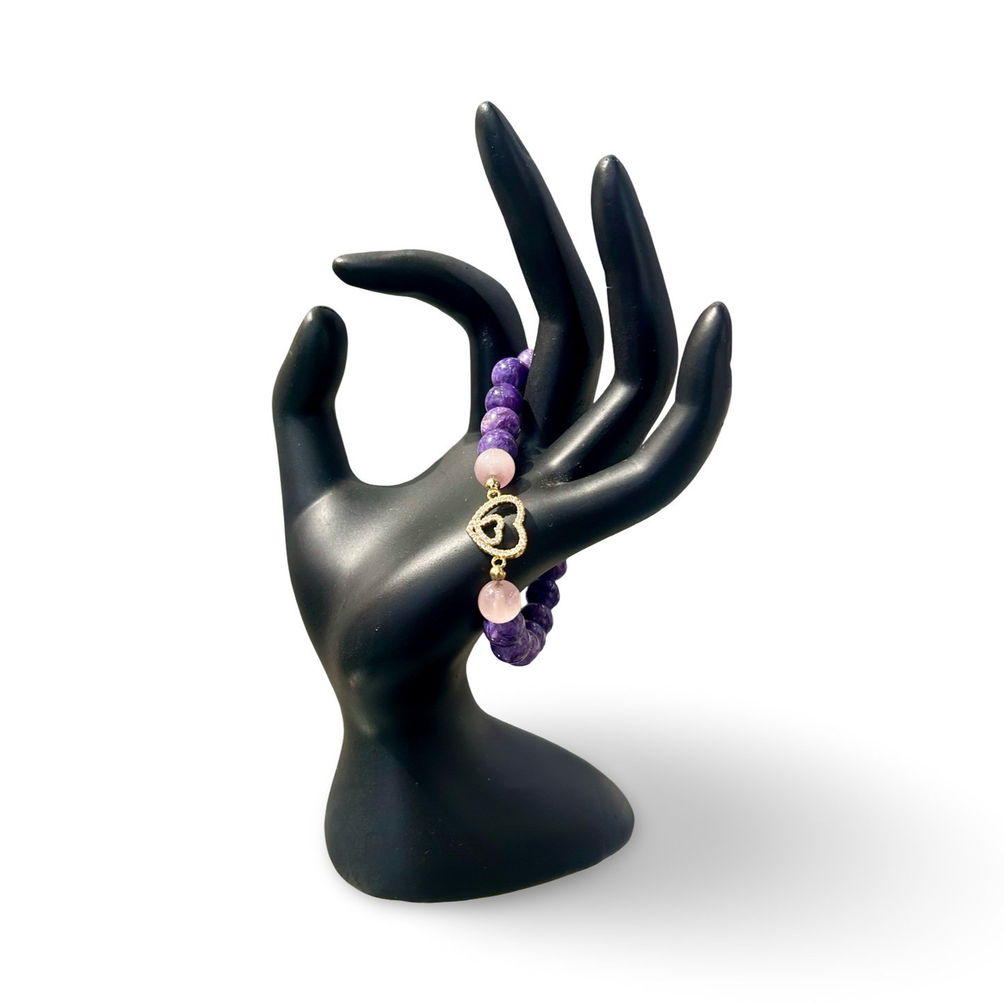 Charoite & Rose Quartz Bracelet with Gold-Plated Heart Pendant – Elastic