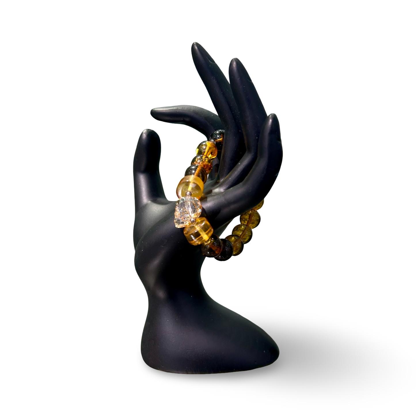 Elastic Amber Bracelet with Swarovski Crystal Skull – 12mm Beads