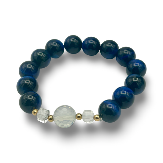 Blue Tiger’s Eye & Opalite Elastic Bracelet – 12mm, Medium Size