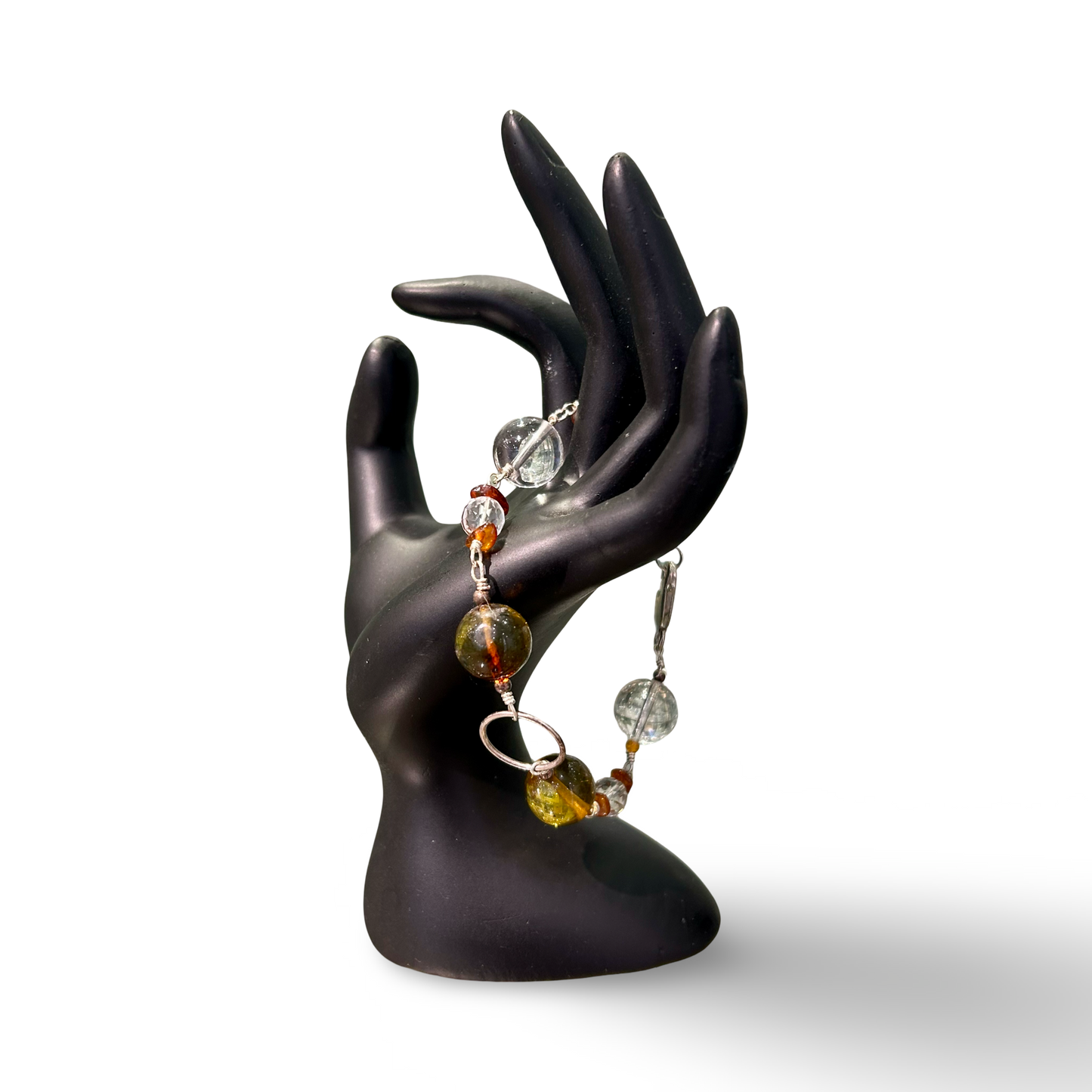 Amber & 925 Silver with Clear Quartz Bracelet – 12mm & 14mm Beads, Silver Clasp