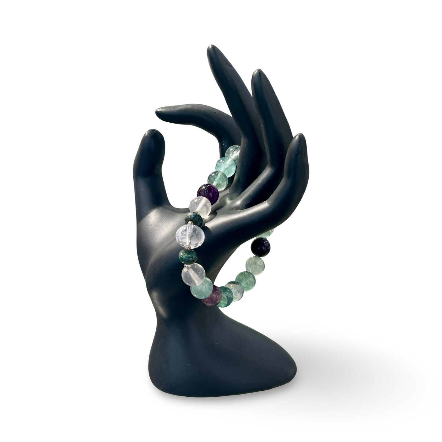 Rainbow Fluorite & Clear Quartz Elastic Bracelet – 10mm Beads