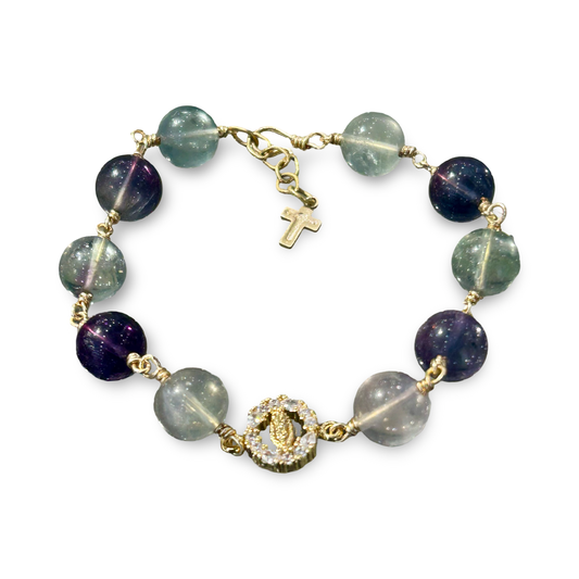Rainbow Fluorite Bracelet with Cross & Mary Pendant – Gold-Plated Wire Wrap, 10mm Beads