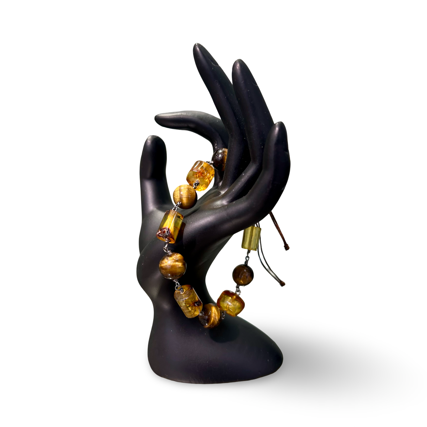 Adjustable Amber & Tiger’s Eye Bracelet – 12mm Beads