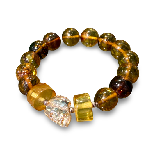 Elastic Amber Bracelet with Swarovski Crystal Skull – 12mm Beads
