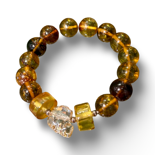 Elastic Amber Bracelet with Swarovski Crystal Skull – 12mm Beads