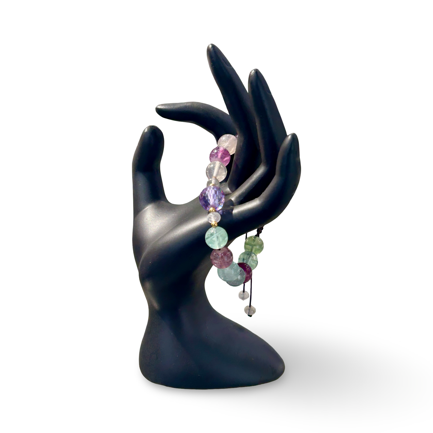 Rainbow Fluorite Adjustable String Bracelet – 10mm Beads with Purple Zirconia