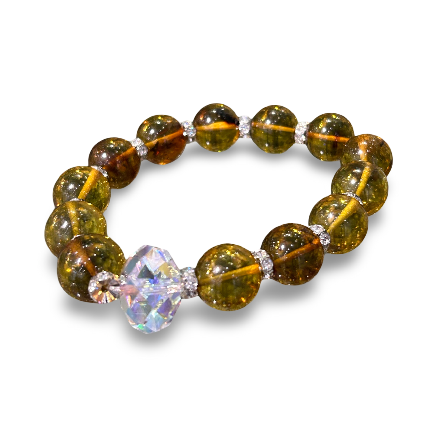 Elastic Amber Bracelet with Swarovski Crystal – 14mm Beads