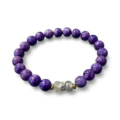 Charoite & Clear Quartz Elastic Bracelet – 8mm Beads