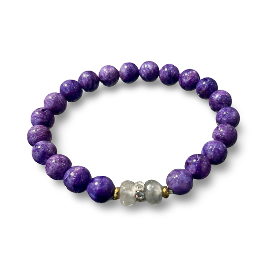 Charoite & Clear Quartz Elastic Bracelet – 8mm Beads