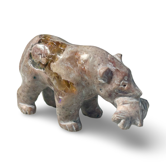 Fire Opal Bear Figurine with Fish – 21g, 2” x 1.5”