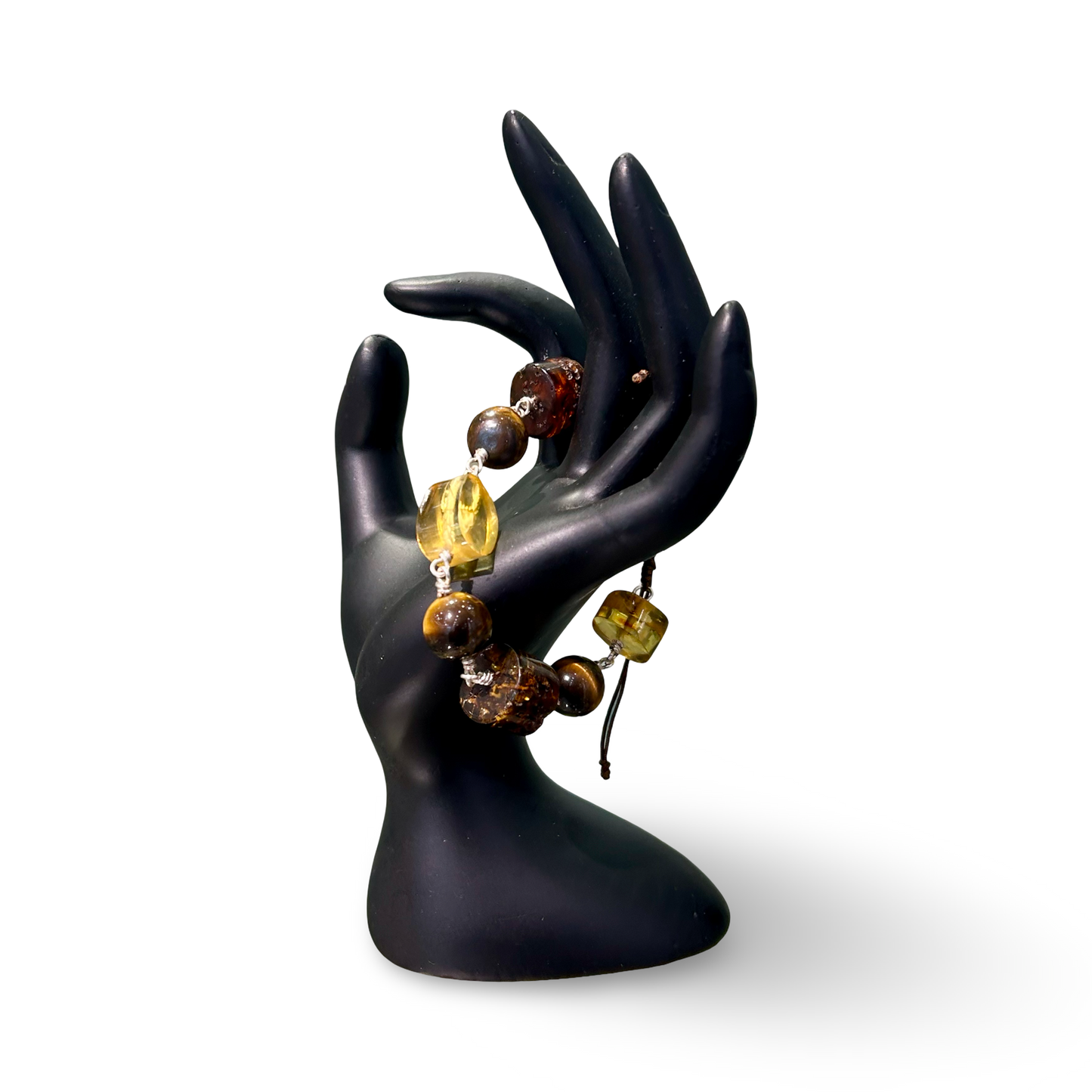 Adjustable Amber & Tiger’s Eye Bracelet – 12mm Beads