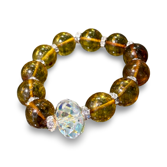 Elastic Amber Bracelet with Swarovski Crystal – 14mm Beads