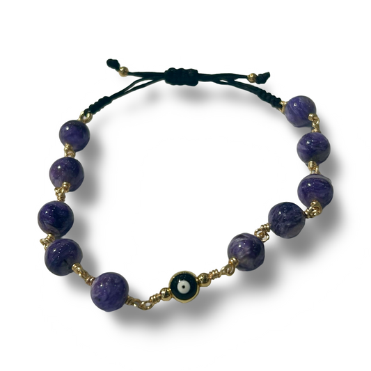 Charoite “Eye” Pendant Bracelet – 8mm Beads, Adjustable String