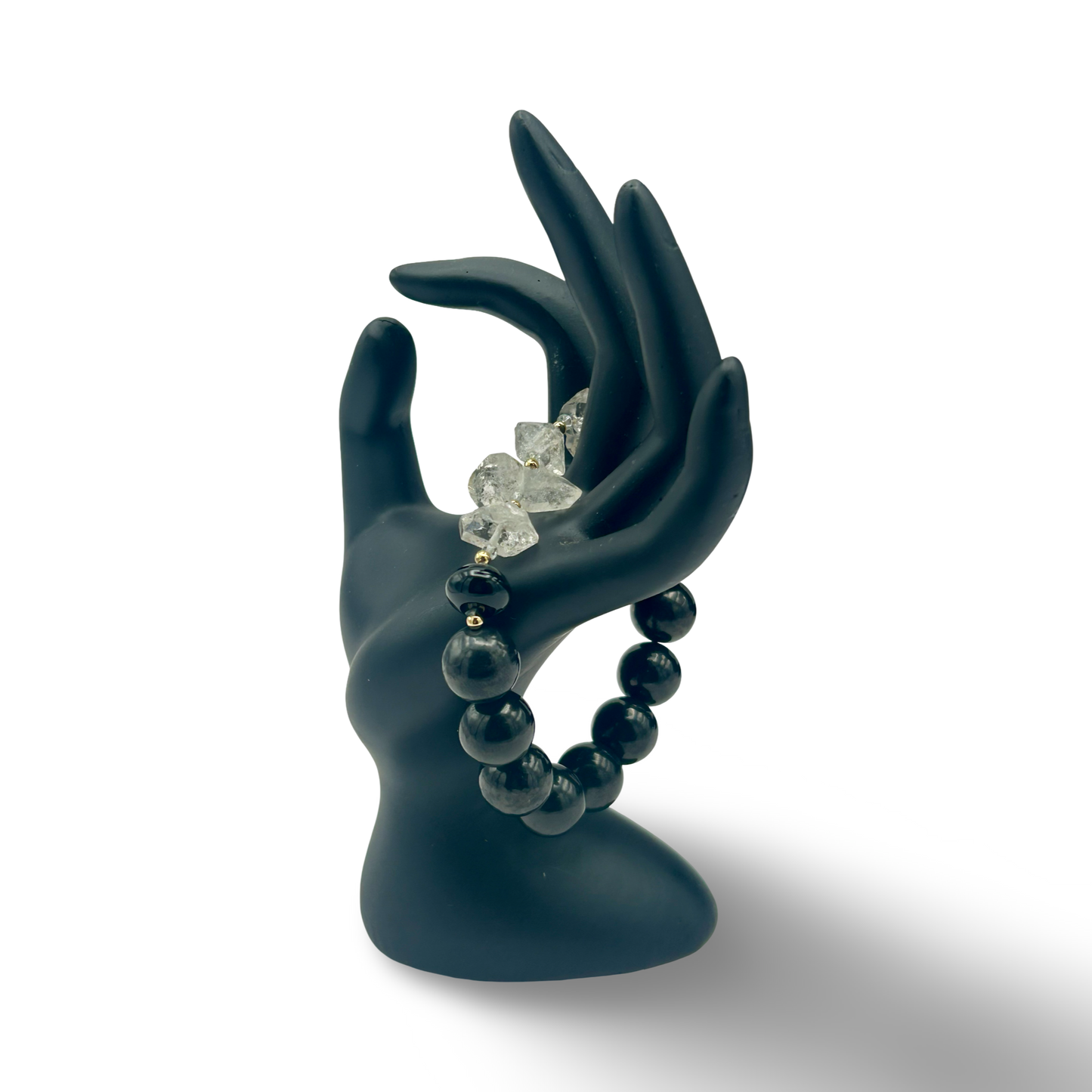 Shungite & Herkimer Diamond Elastic Bracelet | 14mm Beads | Handmade for Large Wrist | Protection & Clarity