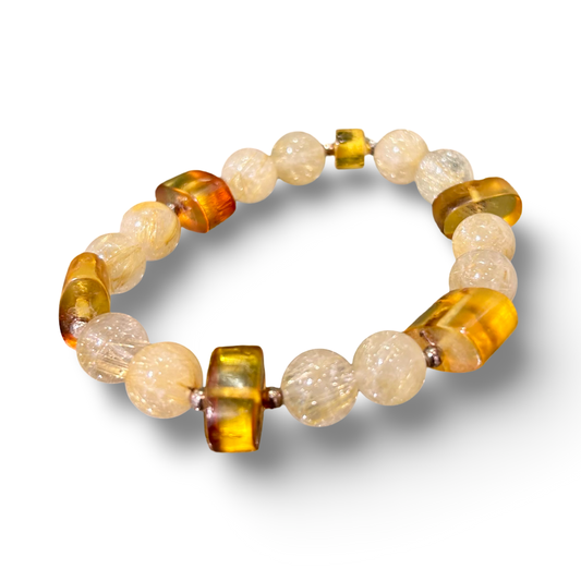 Amber & Golden Rutilated Quartz Elastic Bracelet – 10mm