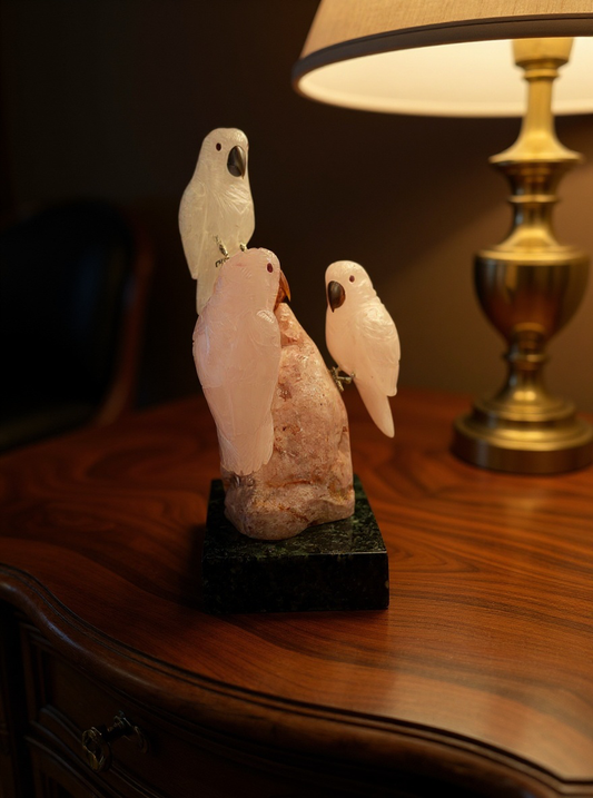 Pink Amethyst Freeform with Three Crystal Birds on Base – 1082g | 6” x 4” | Natural Stone Sculpture