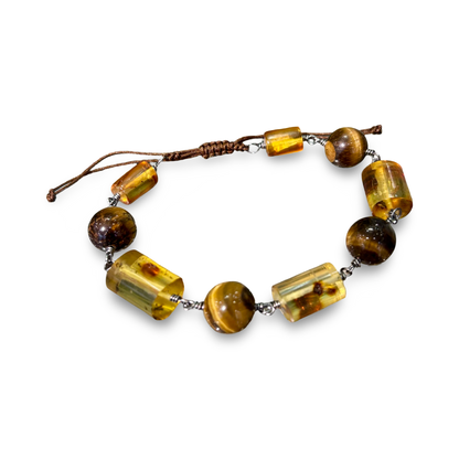 Adjustable Amber & Tiger’s Eye Bracelet – 12mm Beads