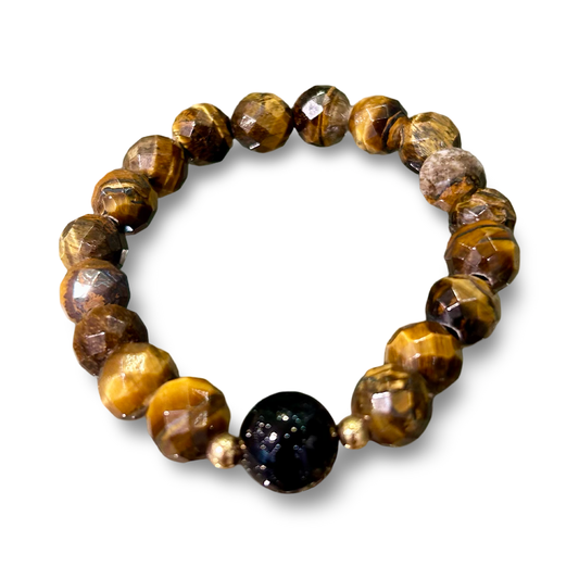 Faceted Tiger’s Eye & Black Onyx Agate Bracelet –10 mm beads | Elastic/stretch