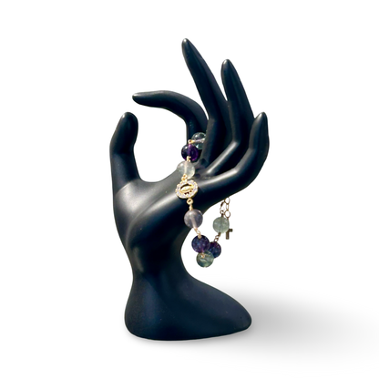 Rainbow Fluorite Bracelet with Cross & Mary Pendant – Gold-Plated Wire Wrap, 10mm Beads