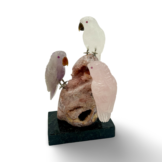 Pink Amethyst Freeform with Three Crystal Birds on Base – 1082g | 6” x 4” | Natural Stone Sculpture