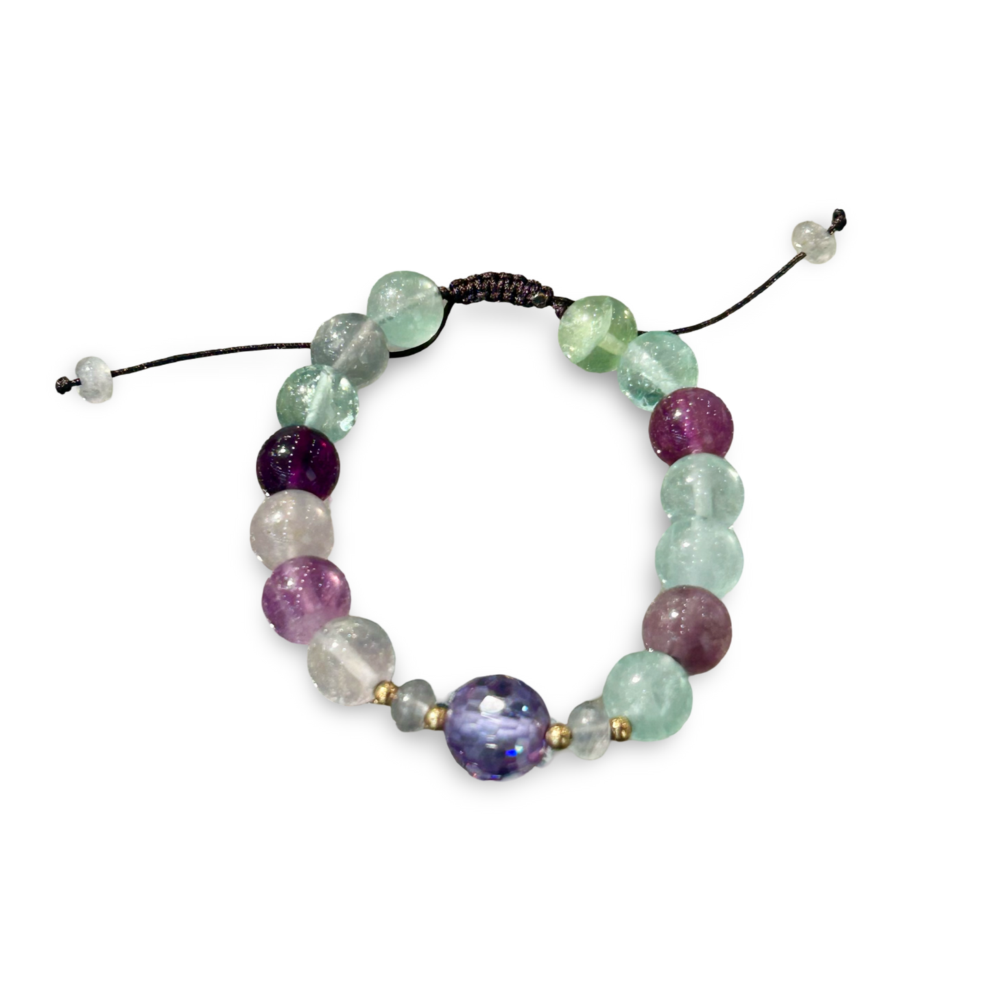 Rainbow Fluorite Adjustable String Bracelet – 10mm Beads with Purple Zirconia