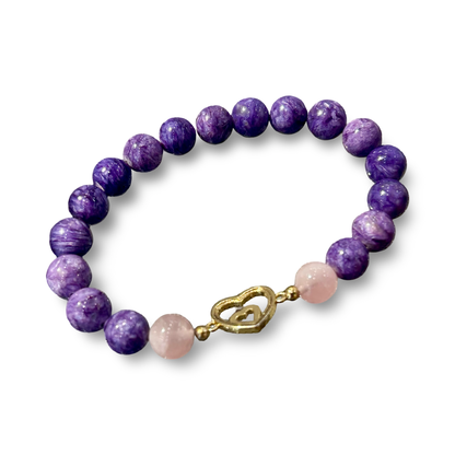 Charoite & Rose Quartz Bracelet with Gold-Plated Heart Pendant – Elastic