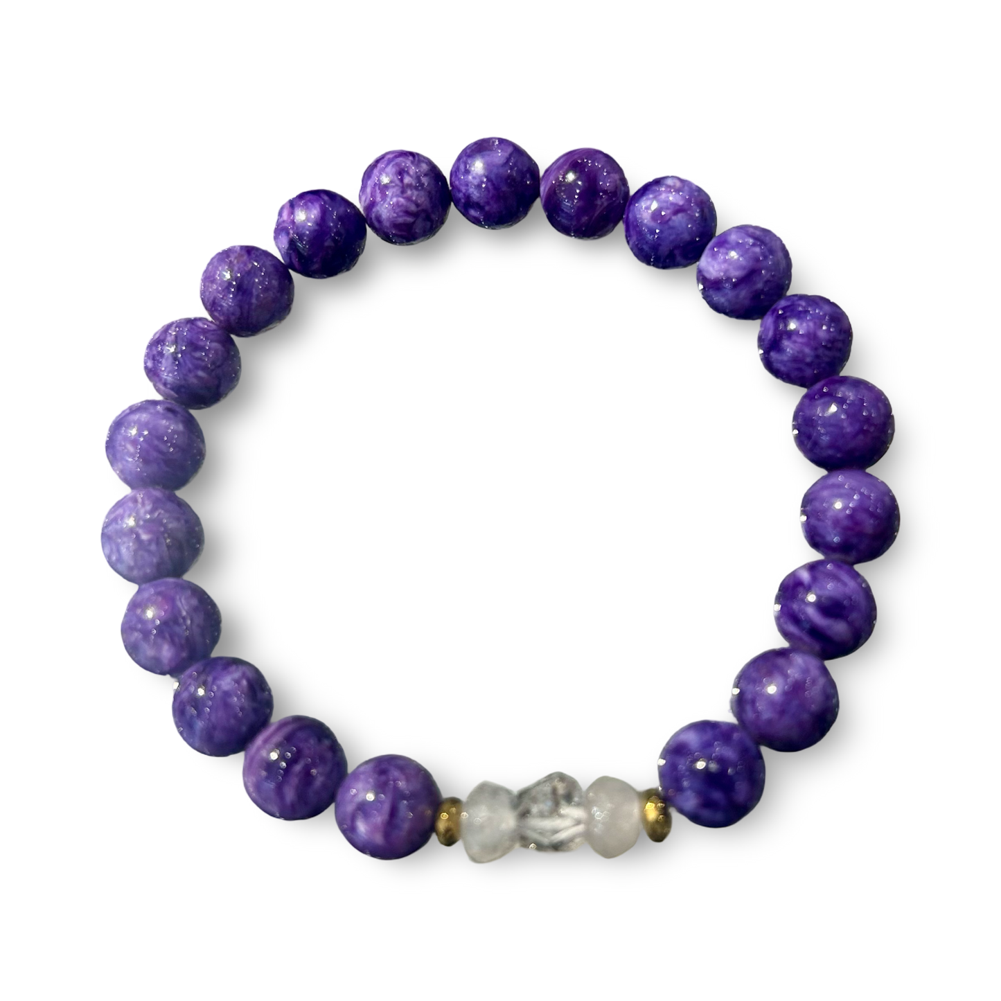 Charoite & Clear Quartz Elastic Bracelet – 8mm Beads