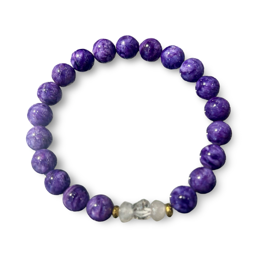 Charoite & Clear Quartz Elastic Bracelet – 8mm Beads