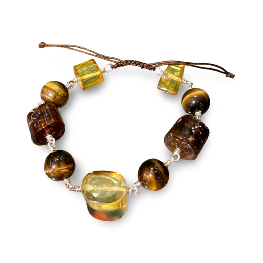 Adjustable Amber & Tiger’s Eye Bracelet – 12mm Beads