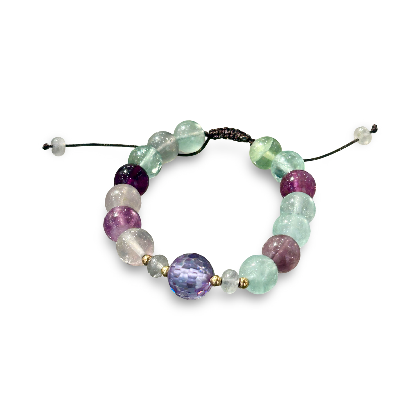 Rainbow Fluorite Adjustable String Bracelet – 10mm Beads with Purple Zirconia
