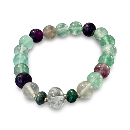 Rainbow Fluorite & Clear Quartz Elastic Bracelet – 10mm Beads