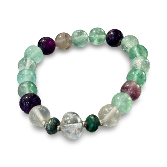 Rainbow Fluorite & Clear Quartz Elastic Bracelet – 10mm Beads