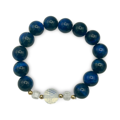 Blue Tiger’s Eye & Opalite Elastic Bracelet – 12mm, Medium Size