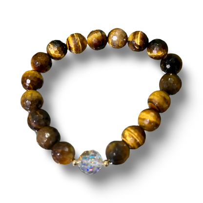 Tiger’s Eye & Swarovski Crystal Bracelet – 10 mm beads | Elastic stretch