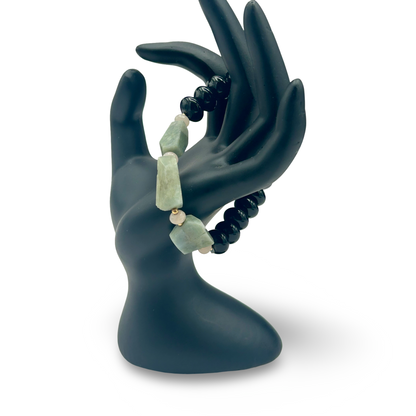 Black Onyx & Aquamarine Elastic Bracelet | 10mm Beads | Medium Wrist | Handmade