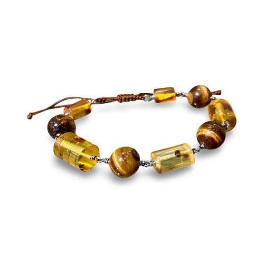 Adjustable Amber & Tiger’s Eye Bracelet – 12mm Beads