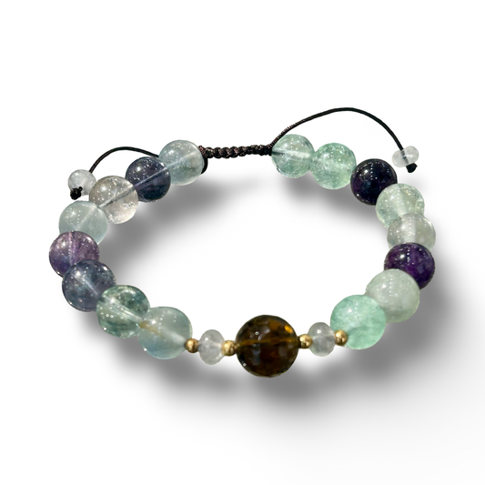 Rainbow Fluorite & Zirconia Adjustable String Bracelet – 8mm Beads