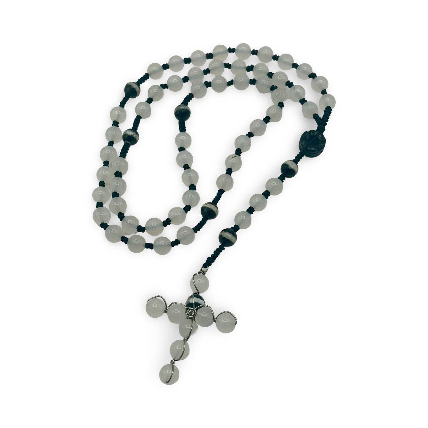 White Howlite & Black Obsidian Rosary – 8mm Beads, 18”