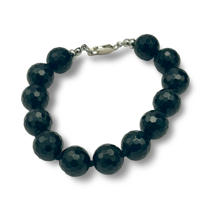 Faceted Black Onyx Bracelet 10mm Beads with Sterling Silver | Medium Wrist | Handmade