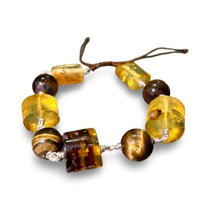 Adjustable Amber & Tiger’s Eye Bracelet – Stringed, 12mm Beads
