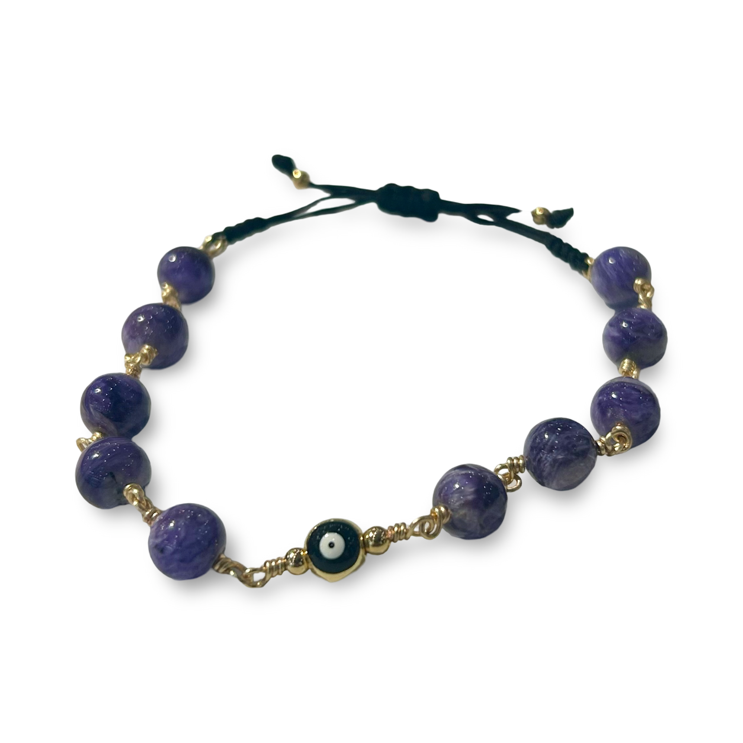 Charoite “Eye” Pendant Bracelet – 8mm Beads, Adjustable String