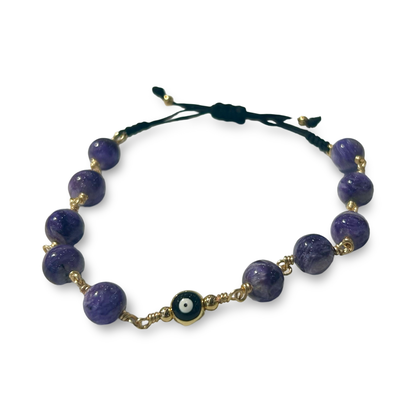 Charoite “Eye” Pendant Bracelet – 8mm Beads, Adjustable String