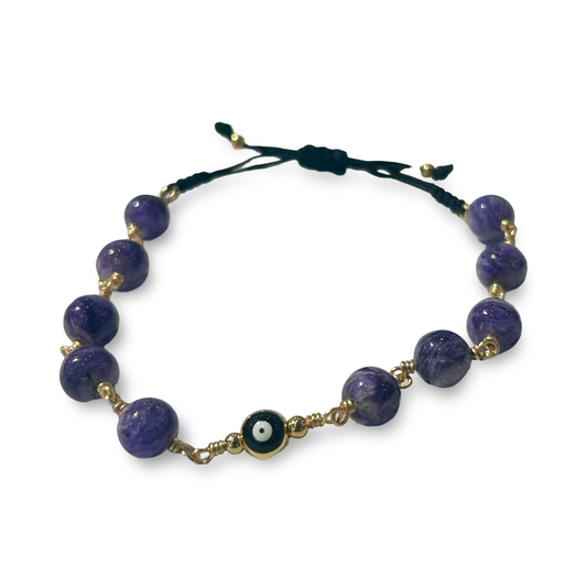 Charoite “Eye” Pendant Bracelet – 8mm Beads, Adjustable String