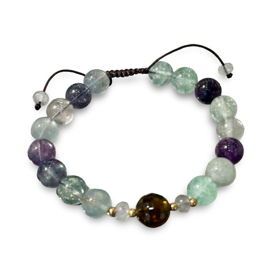 Rainbow Fluorite & Zirconia Adjustable String Bracelet – 8mm Beads