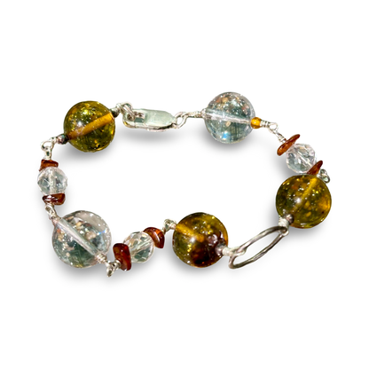Amber & 925 Silver with Clear Quartz Bracelet – 12mm & 14mm Beads, Silver Clasp