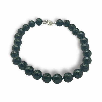 Black Tourmaline Necklace 14mm Beads with Sterling Silver | 18 Inches | Handmade Protection Jewelry